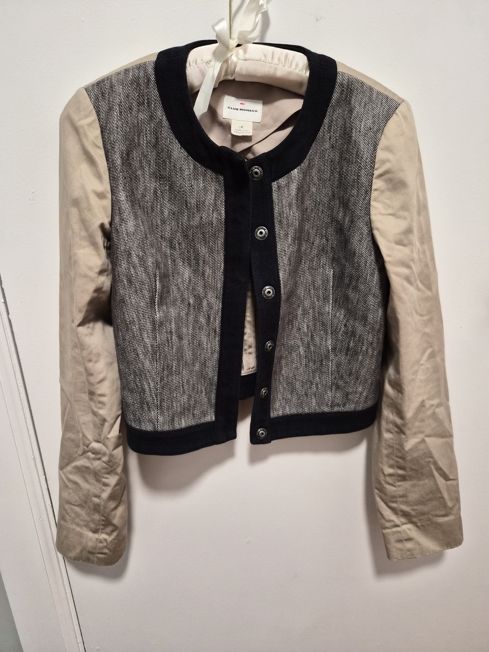 Crop Tweed Front Button Jacket with Beige Sleeves